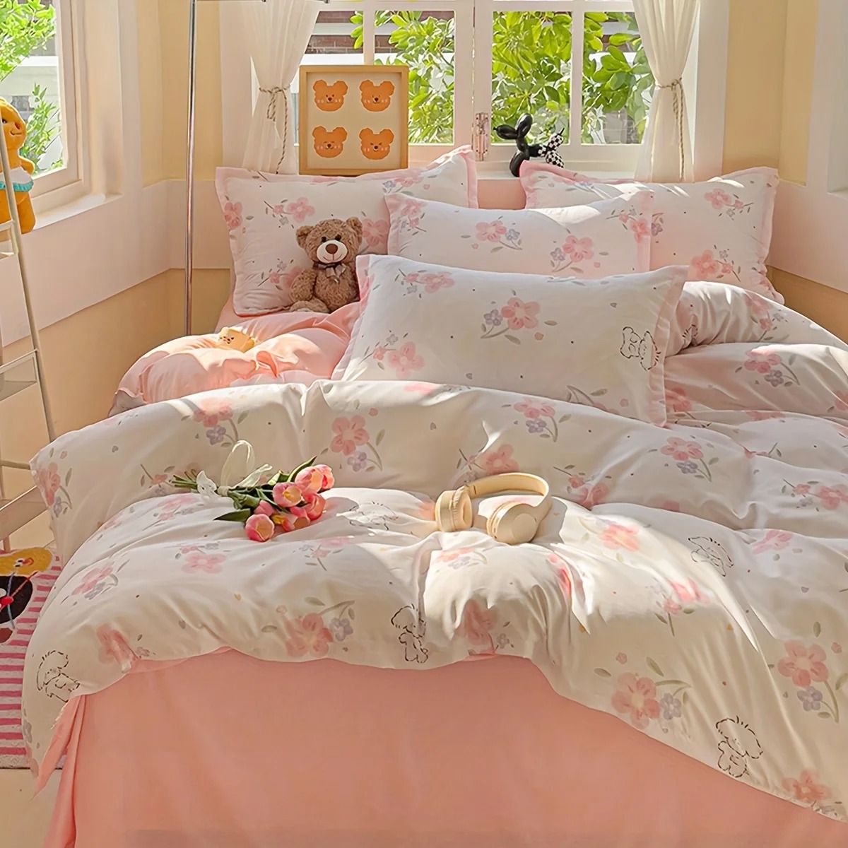 Duvet Cover Sets With Zipper - 4Pcs Soft Plain Floral Plant Printed