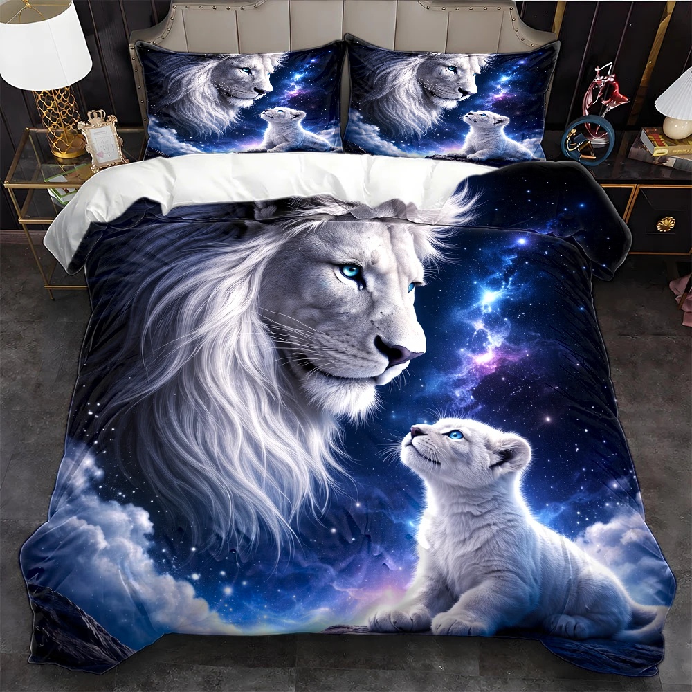 Duvet Cover Sets With Zipper - 3Pc Starry Sky Lion Parent-Child Theme