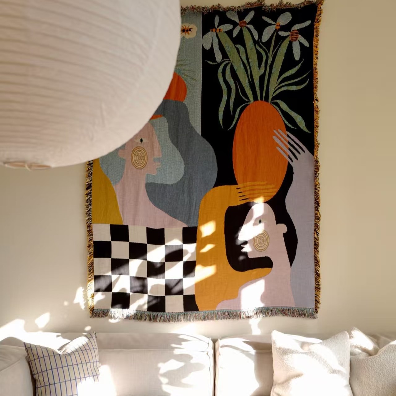 Boho Throw Blanket Fringe - Modern Abstract Art Tapestry Boho Woven
