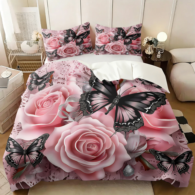 Aesthetic Floral Duvet Cover - Pink Rose Black Butterfly Print Duvet