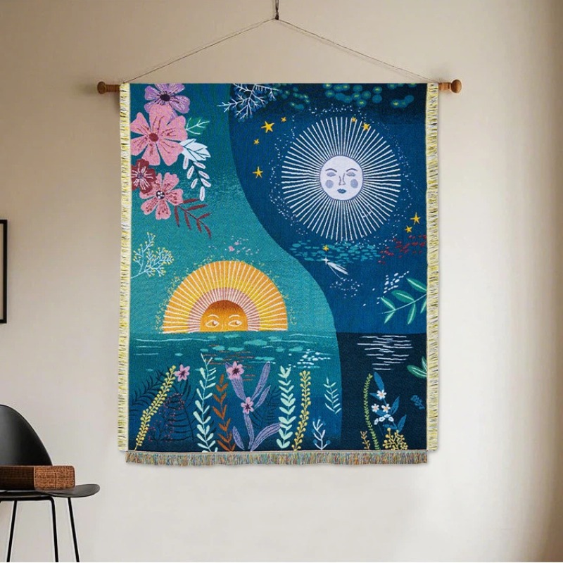 Boho Throw Blanket Fringe - Celestial Sun Moon Woven Tapestry Boho