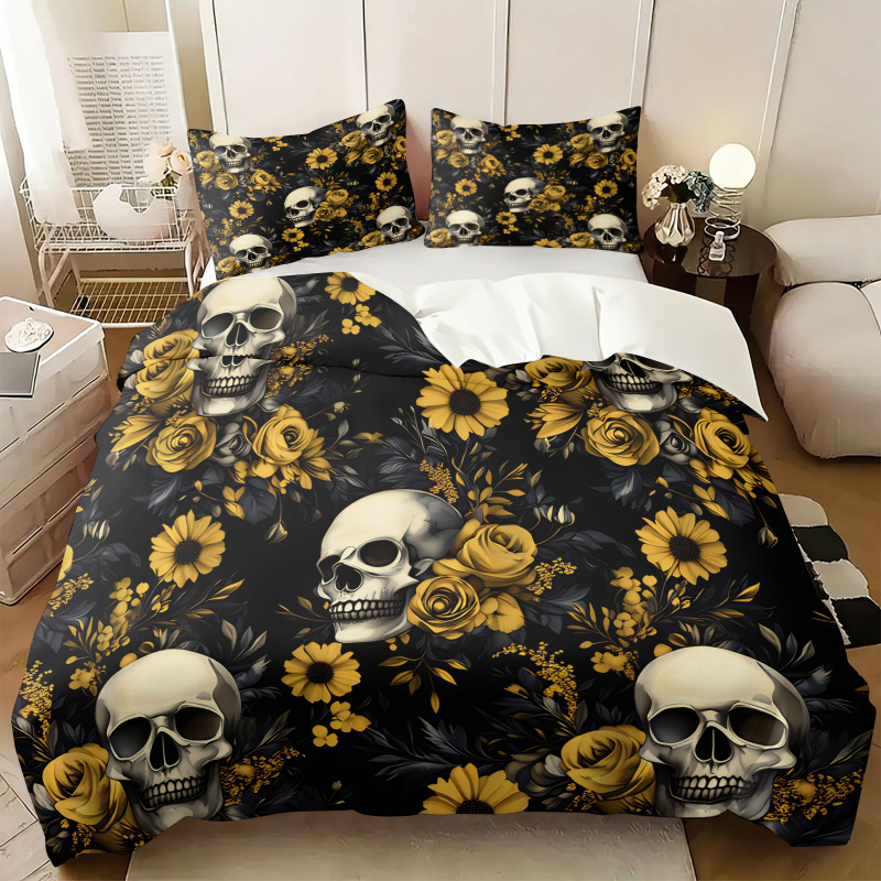 Aesthetic Floral Duvet Cover - Dark Aesthetic Skull Yellow Floral Duvet