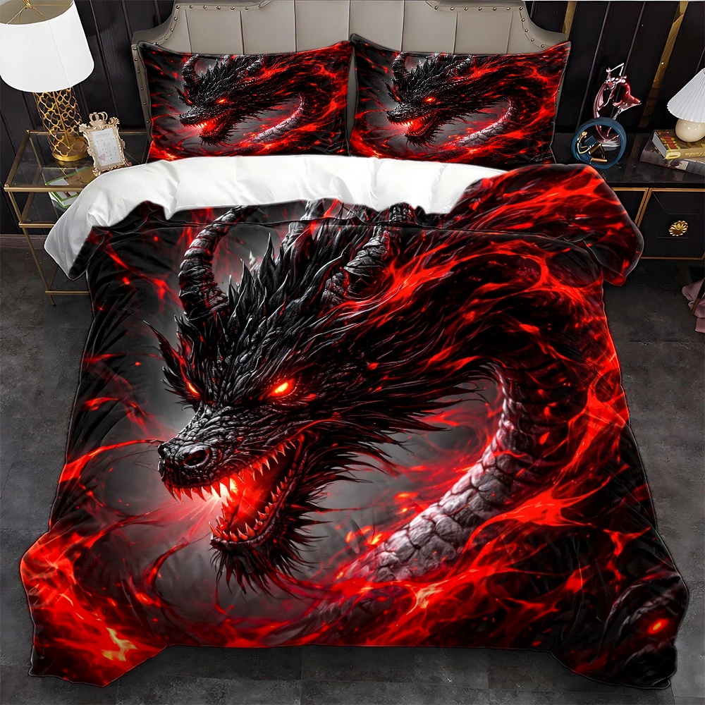 Duvet Cover Sets With Zipper - 3Pc Dark Dragon Duvet Cover Set,