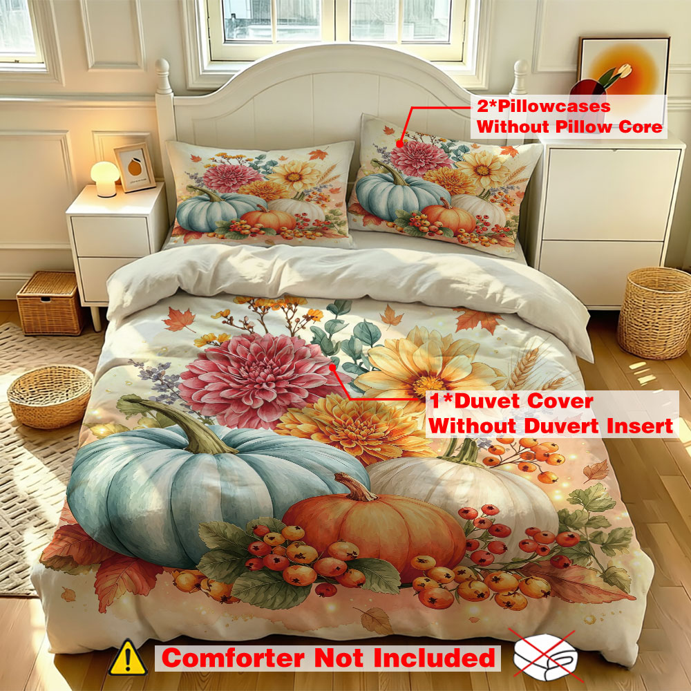 Aesthetic Floral Duvet Cover - Watercolor Light Blue Pumpkin Sunflower Floral