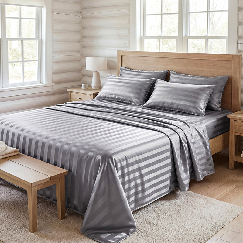 Fitted Bed Sheets Deep Pocket - Wrinkle Resistant Striped Satin Bed Sheet