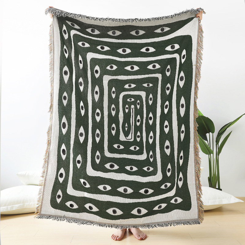 Boho Throw Blanket Fringe - Green White Evil Eye Jacquard Throw