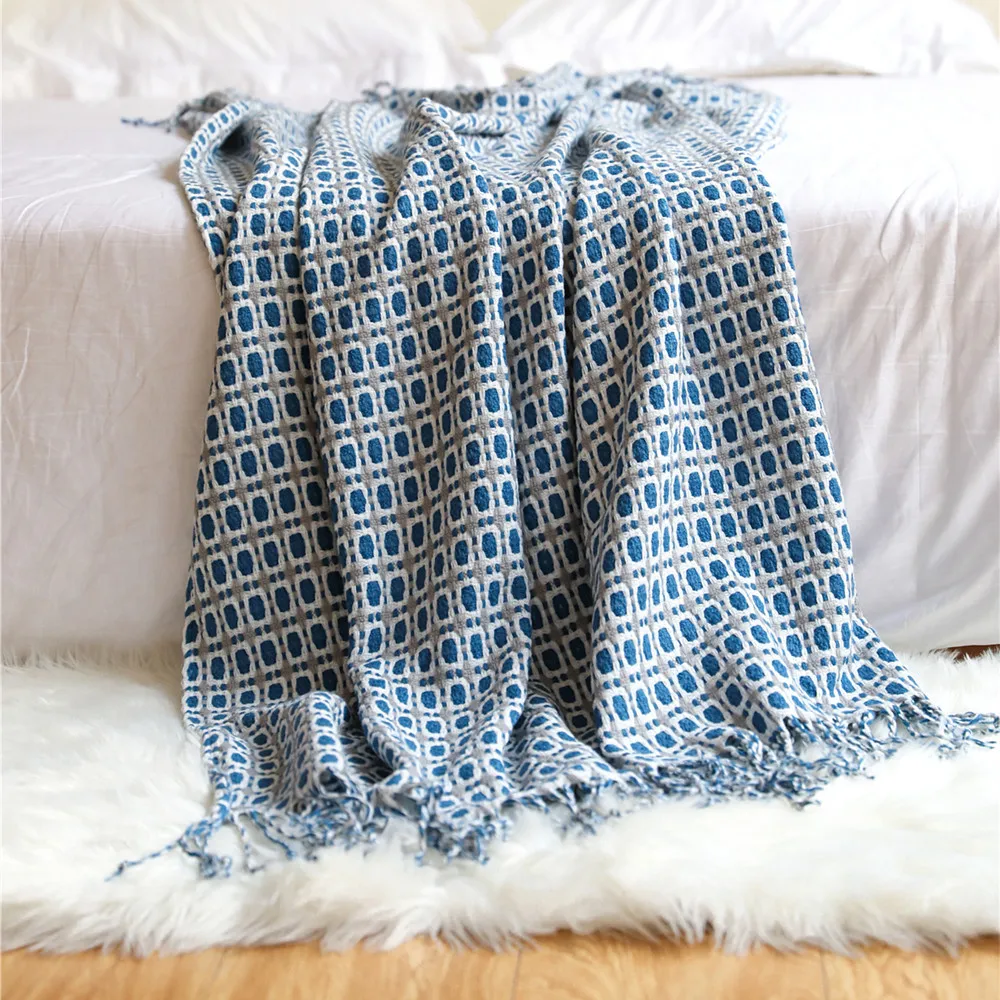 Geometric Grid Jacquard Woven  - đánh giá và giá Boho Throw Blanket Fringe