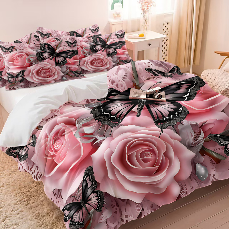 Pink Rose Black Butterfly Prin - đánh giá và giá Aesthetic Floral Duvet Cover