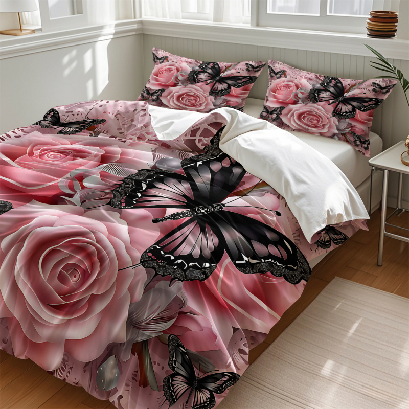 Pink Rose Black Butterfly Prin - đánh giá và giá Aesthetic Floral Duvet Cover