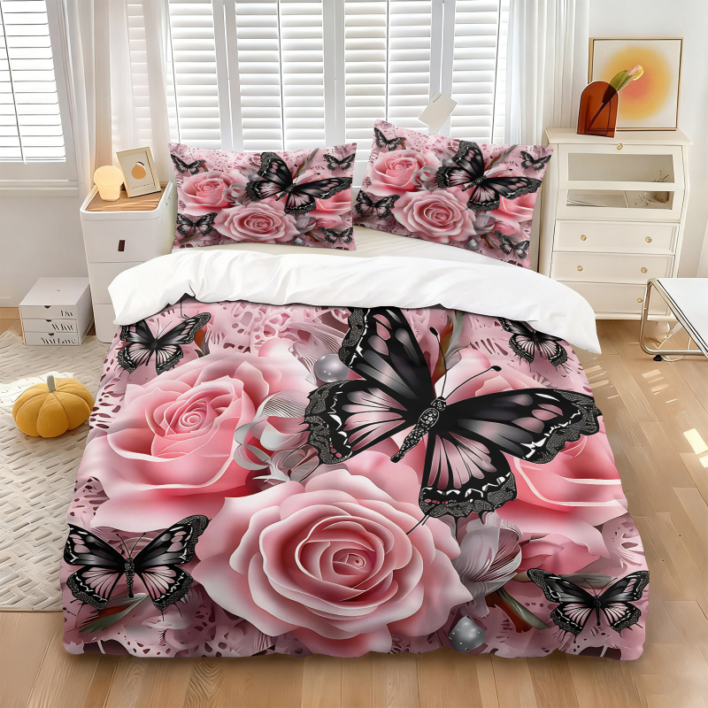 Pink Rose Black Butterfly Prin - đánh giá và giá Aesthetic Floral Duvet Cover