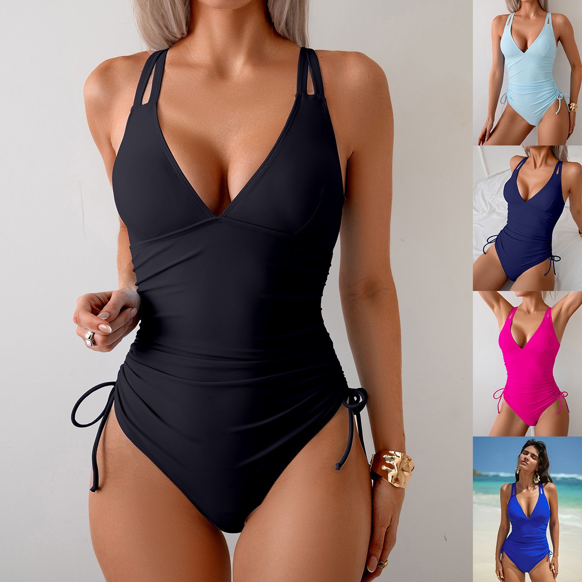 Solid Black Swimsuit V Neck Ru - đánh giá và giá Bath