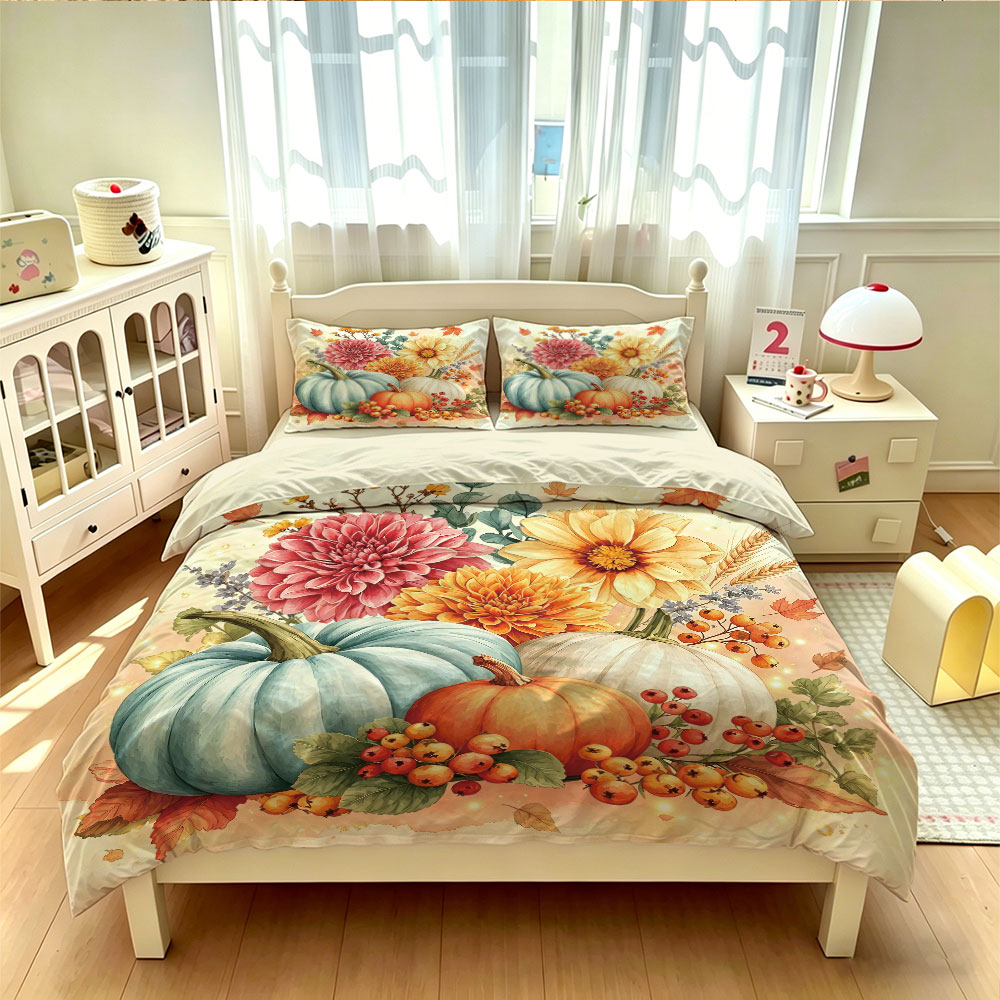 Watercolor Light Blue Pumpkin  - đánh giá và giá Aesthetic Floral Duvet Cover