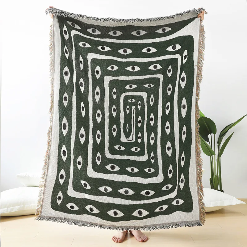 Green White Evil Eye Jacquard  - đánh giá và giá Boho Throw Blanket Fringe